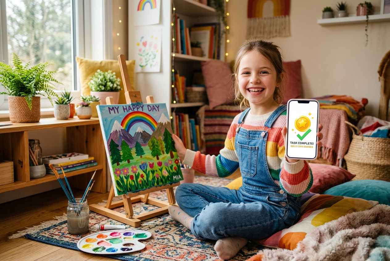 Child celebrating reward with ice cream and phone